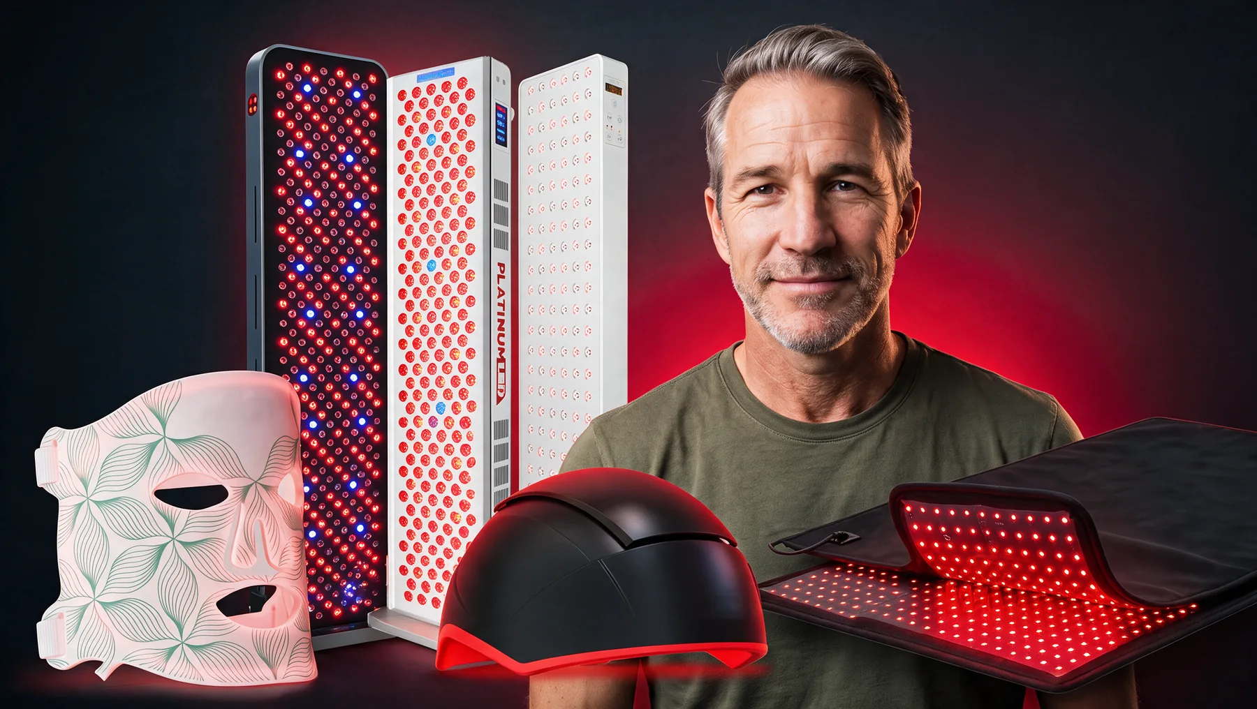 Luke Bennett with red light panels, a face mask, a hair helmet and an LED blanket