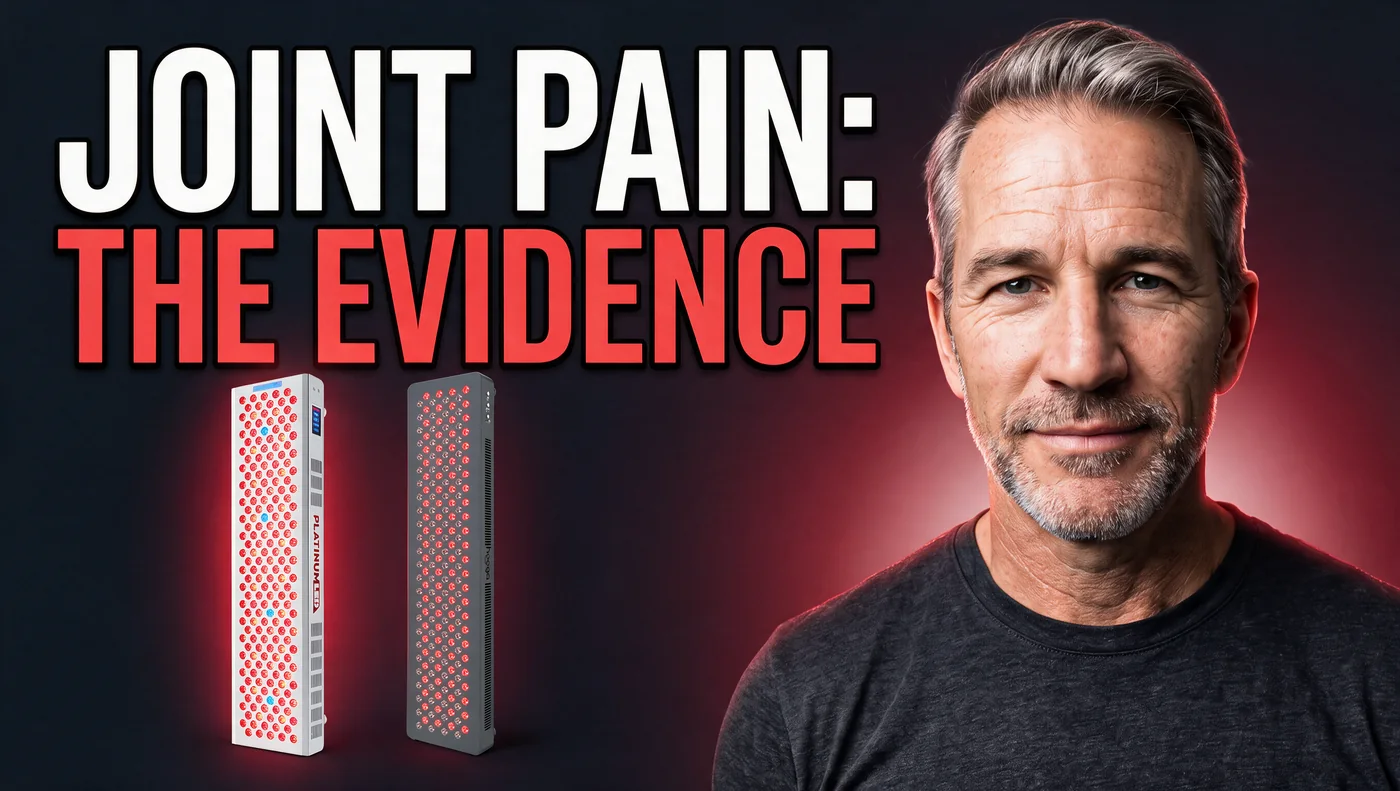 Luke Bennett with two red light panels beside the article heading about clinical evidence for joint pain